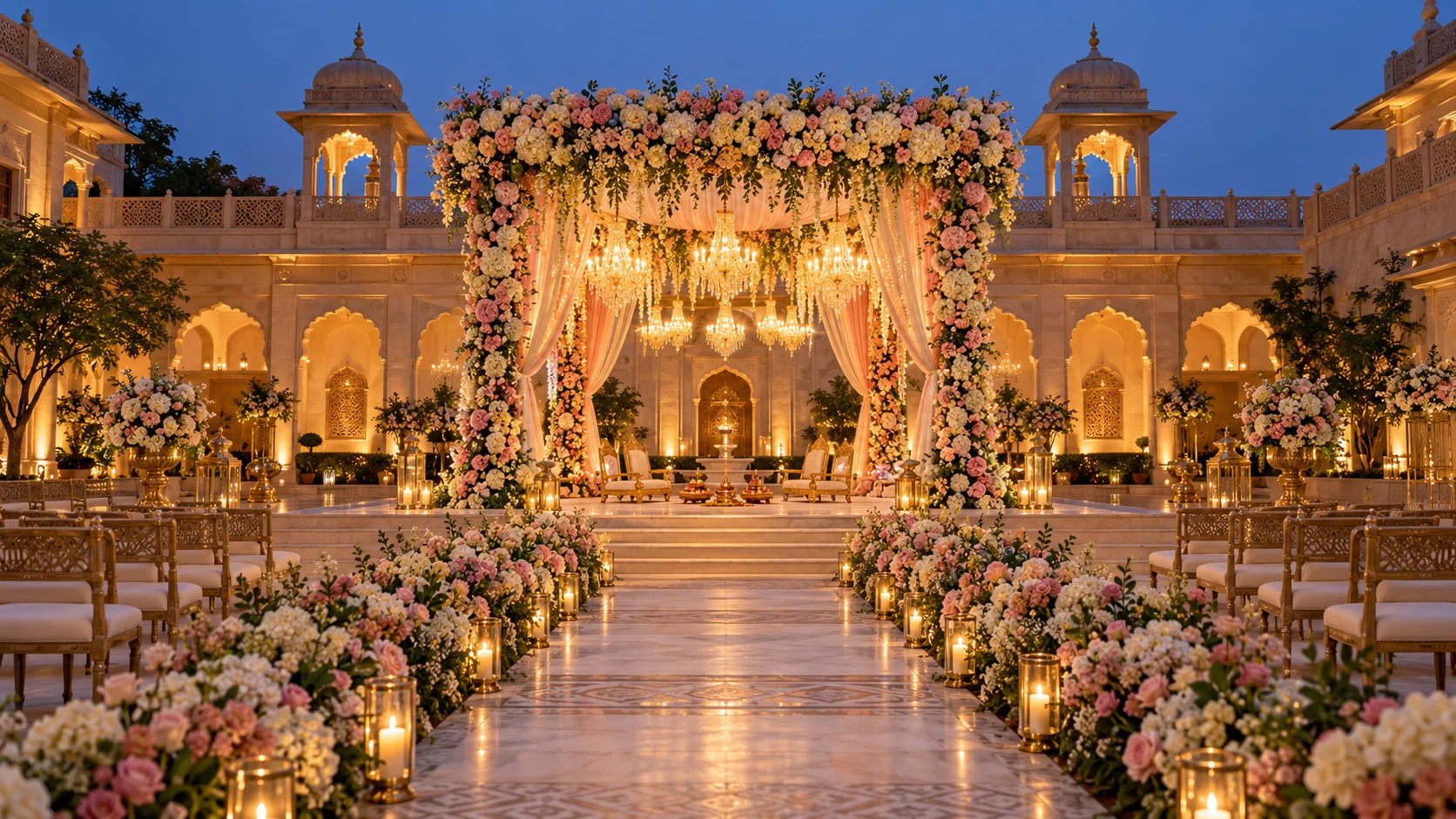 Illustrative luxury floral mandap in an Indian palace courtyard